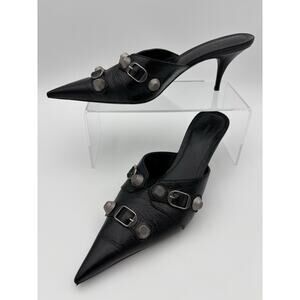 Balenciaga Point Toe Mules Black Leather Studded Size 39 / 9 Kitten Heel